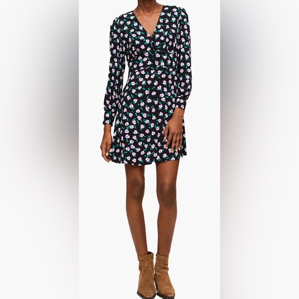 Mango Black Floral Print Long Sleeve Button Up V Neck Mini Dress Women’s Sz 10